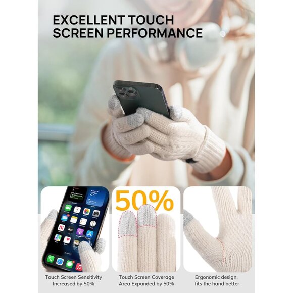 Women White Folding Cuff Touchscreen Soft Skin-Friendly Jacquard Knit Warm Glove - Picture 4 of 6